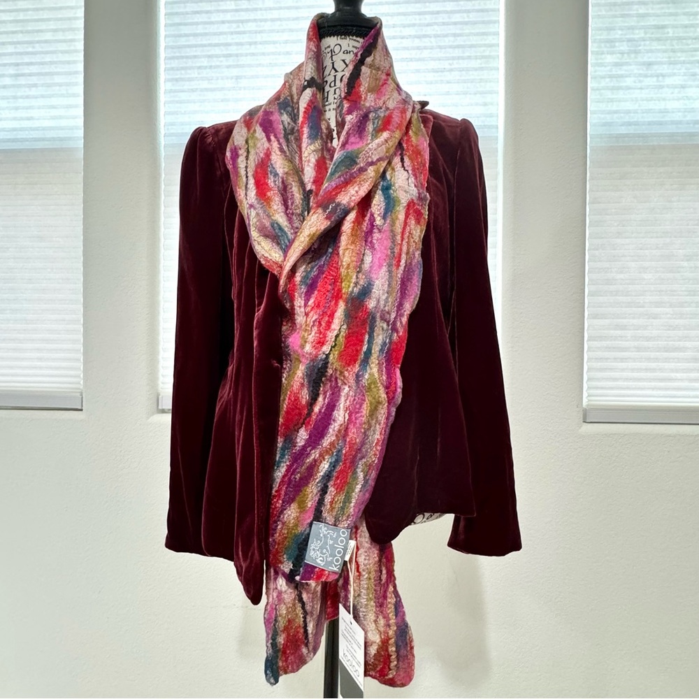 KOOLOO Hand-Felted Merino Wool & Silk Scarf Red Multi 65”x12” NWT